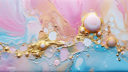 Poster - Abstract artistic background with pearlescent pink marble and holographic golden paint stains.