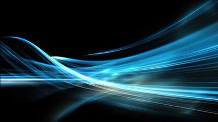 Poster - Abstract blue neon light trails and digital waves on dark background for tech and business design themes.