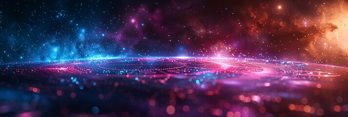 Wall Mural - futuristic digital landscape with bright neon lights and a starry sky, suitable for technology and s