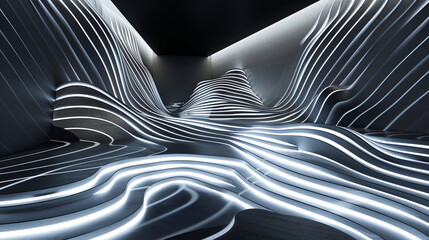 Poster - Empty room with glowing lines interior design futuristic architecture modern style black and white