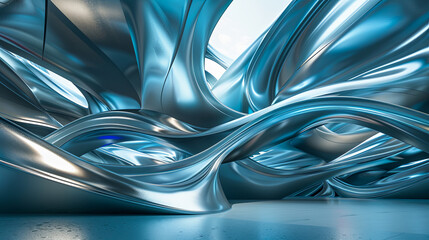 Poster - abstract blue metallic background with waves and curves modern futuristic architecture design 3d ill