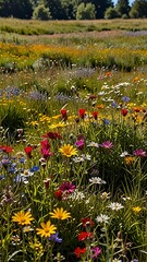 Wildflower meadow full bloom under a clear sunny sk