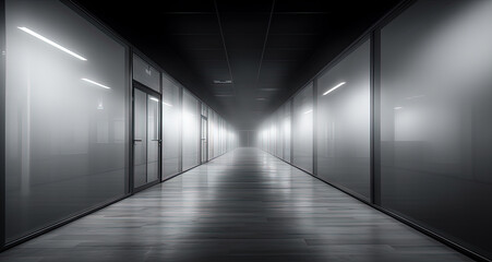 Poster - Office building interior with long hall and doors. Empty office corridor with lamps and glass decorations.