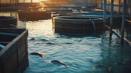 Poster - Fish swim in circular tanks at an aquaculture facility as the sun sets, casting warm light across the water.