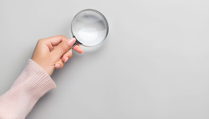 Woman holding magnifying glass on grey background, closeup. Find keywords concept