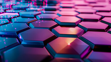 Fototapete - Abstract background with hexagon honeycomb technology futuristic neon light with bokeh effect innovation concept and blue pink ultraviolet color