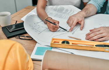 Poster - notes, architecture and hands of people at desk with planning, support and project management. writi