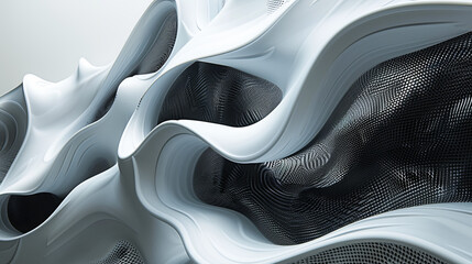 Aufkleber - Abstract background white waves black grid pattern modern architecture design futuristic building exterior parametric wall facade smooth shapes curve architecture minimal urban background 3d render