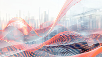 Fototapete - Abstract digital wave with cityscape background Technology innovation and communication concept Modern urban landscape with glowing orange wave pattern Big data visualization and digital