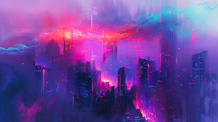 Fototapete - Vibrant cityscape night neon lights urban scenery modern city architecture futuristic art design concept