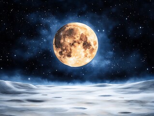 Wall Mural - watercolor scene of the moon's surface with craters and stars in the background