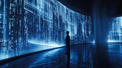 Fototapete - Silhouette person data center digital transformation futuristic technology concept abstract background artificial intelligence big data cloud computing server room database storage internet cyber