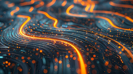 Fototapete - Abstract background data flow internet connection speed fiber optic cable network orange blue digital technology futuristic information computer background