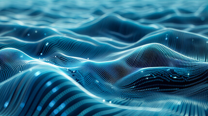 Poster - Abstract blue digital wave background with flowing particles Cyber technology illustration Big data visualization 3d rendering