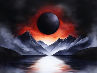 Wall Mural - watercolor scene of an eclipse with the sun and moon aligned in the sky