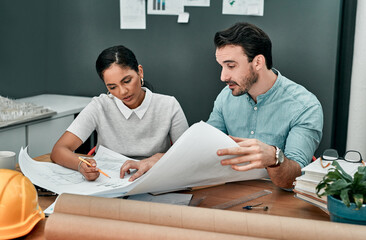 Poster - Architecture, blueprint and business people in meeting with paperwork for design, floorplan and building project. Creative agency, engineering and man and woman with drawing for construction planning