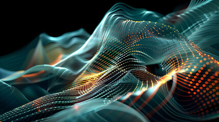 Fototapete - Abstract digital wave background with flowing cyber particles on black background technology concept background with gold and blue color