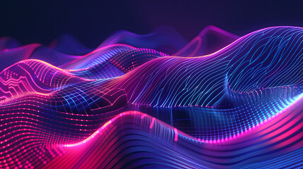 Poster - Abstract digital wave background technology concept blue pink futuristic glowing wave lines flow big data information data science artificial intelligence