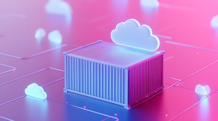 Poster - 3D illustration of a cloud computing concept with a virtual container on a digital grid background, showcasing data storage and network technology.