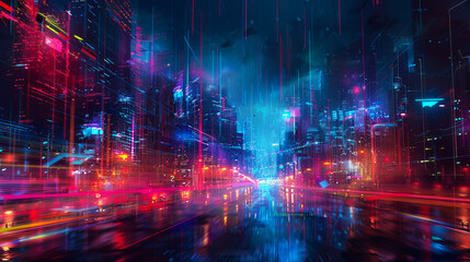 Fototapete - Futuristic cyberpunk city night metropolis digital illustration urban cityscape neon lights architecture modern building downtown traffic road street technology future concept wallpaper art design