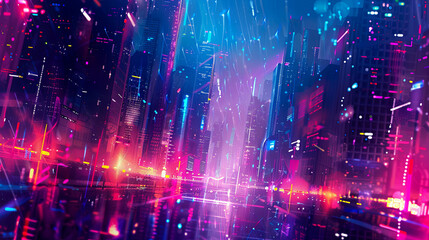 Fototapete - Futuristic cityscape cyberpunk neon lights city digital art vibrant colors night architecture urban fantasy modern future technology