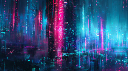 Wall Mural - Futuristic cyberpunk city night with glowing neon lights modern buildings urban landscape digital art illustration concept art