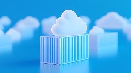 Poster - 3D illustration of a cloud sitting on a shipping container, symbolizing cloud computing and data storage in a blue-toned digital environment.