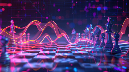 Fototapete - Chessboard business strategy digital marketing stock market finance investment trading online metaverse background concept illustration render 3d futuristic technology blockchain cryptocurrency