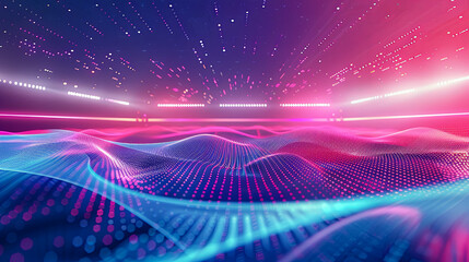 Sticker - Abstract technology background with glowing neon lights and digital wave Big data visualization Futuristic wave of dots and weave lines Data transfer concept