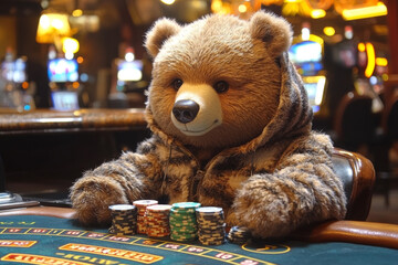 Animal Bear plays poker blackjack in a casino, fantasy