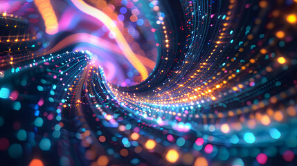 Poster - abstract background with spiral lights digital particles technology light trails big data communicat
