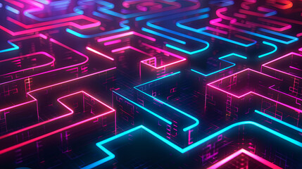 Sticker - Neon lights labyrinth glowing abstract background digital art illustration technology concept metaverse futuristic cyberpunk 80s style synthwave vaporwave retro game design neon city nightlife glowing