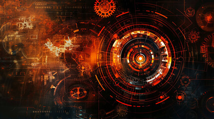 Fototapete - Futuristic technology background orange digital interface abstract innovation engineering design electronic science system web computer network connection cyberspace modern telecommunication future
