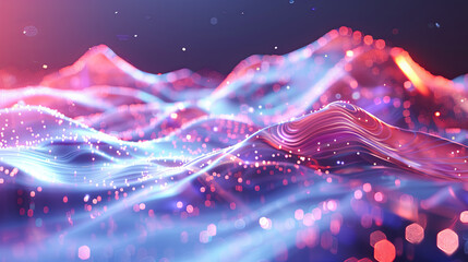 Poster - Abstract digital landscape with flowing particles and bokeh effect Cyber futuristic background Big data visualization 3d rendering illustration