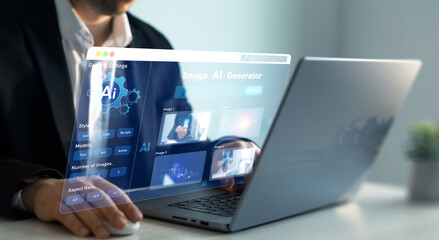 Poster - Person using AI software to generate images with  futuristic platform user interface. Image AI generator conceptArtificial Intelligence Image Content Generator.AI image creation service technology.