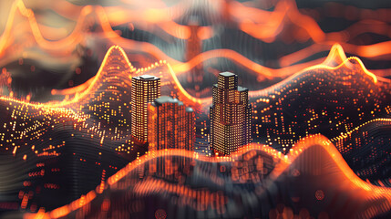 Poster - Digital city on orange data landscape Metaverse concept Smart city digital twin Buildings on abstract background 3d render 3d illustration