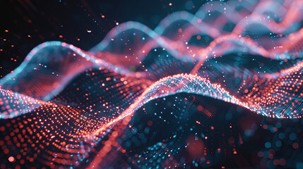 Fototapete - Abstract background wave flow digital data network connection technology big data cloud computing futuristic information concept red blue light blur bokeh defocused