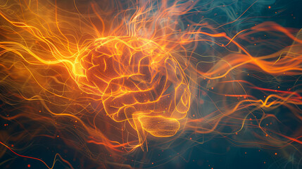 Poster - Human brain glowing orange color energy consciousness psychology neurology healthcare innovation creativity thought process concept
