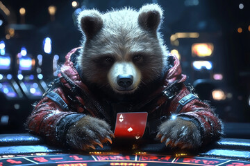 Animal Bear plays poker blackjack in a casino, fantasy