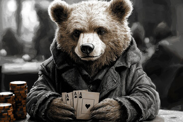 Animal Bear plays poker blackjack in a casino, fantasy