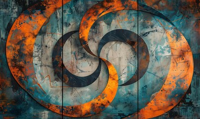 Wall Mural - Abstract Blue and Orange Swirl Triptych.