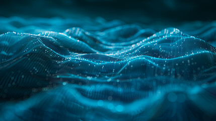 Fototapete - Abstract blue digital landscape with flowing particles and network connection Big data visualization 3d rendering