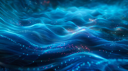 Fototapete - Abstract blue wave background with lines and dots flow digital cyberspace futuristic technology background