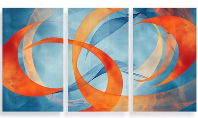 Wall Mural - Abstract Blue and Orange Swirl Triptych.