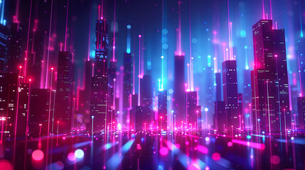 Fototapete - Cyberpunk city with neon lights glowing digital art illustration futuristic city modern cityscape urban landscape concept art synthwave retrowave style