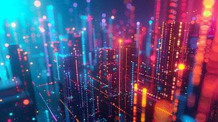 Fototapete - Abstract city background with glowing points and lines urban landscape with buildings modern city digital city smart city internet of things technology