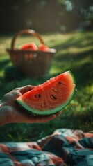 Wall Mural - Hand holding a slice of watermelon.