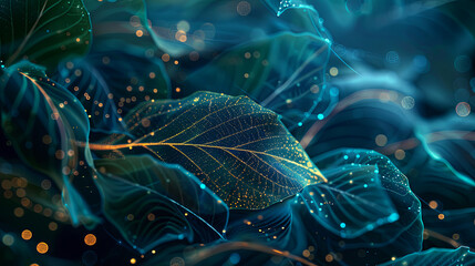 Fototapete - Abstract background with luminous network lines and golden leaf glowing structure nature background technology ecology harmony environment concept