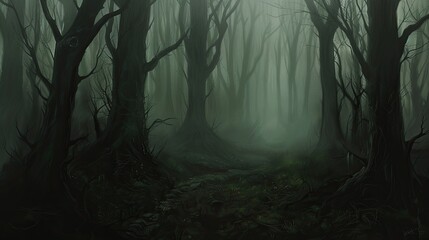 Dark forest without foliage shrouded in fog. Gloomy natural fall background. Illustration for cover, postcard, interior design, poster or presentation.