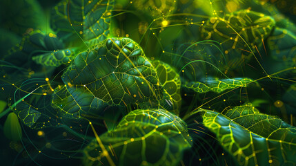 Fototapete - Green leaves connected by network lines concept for natural network ecology organic sustainable green digital technology nature conservation environmental friendly
